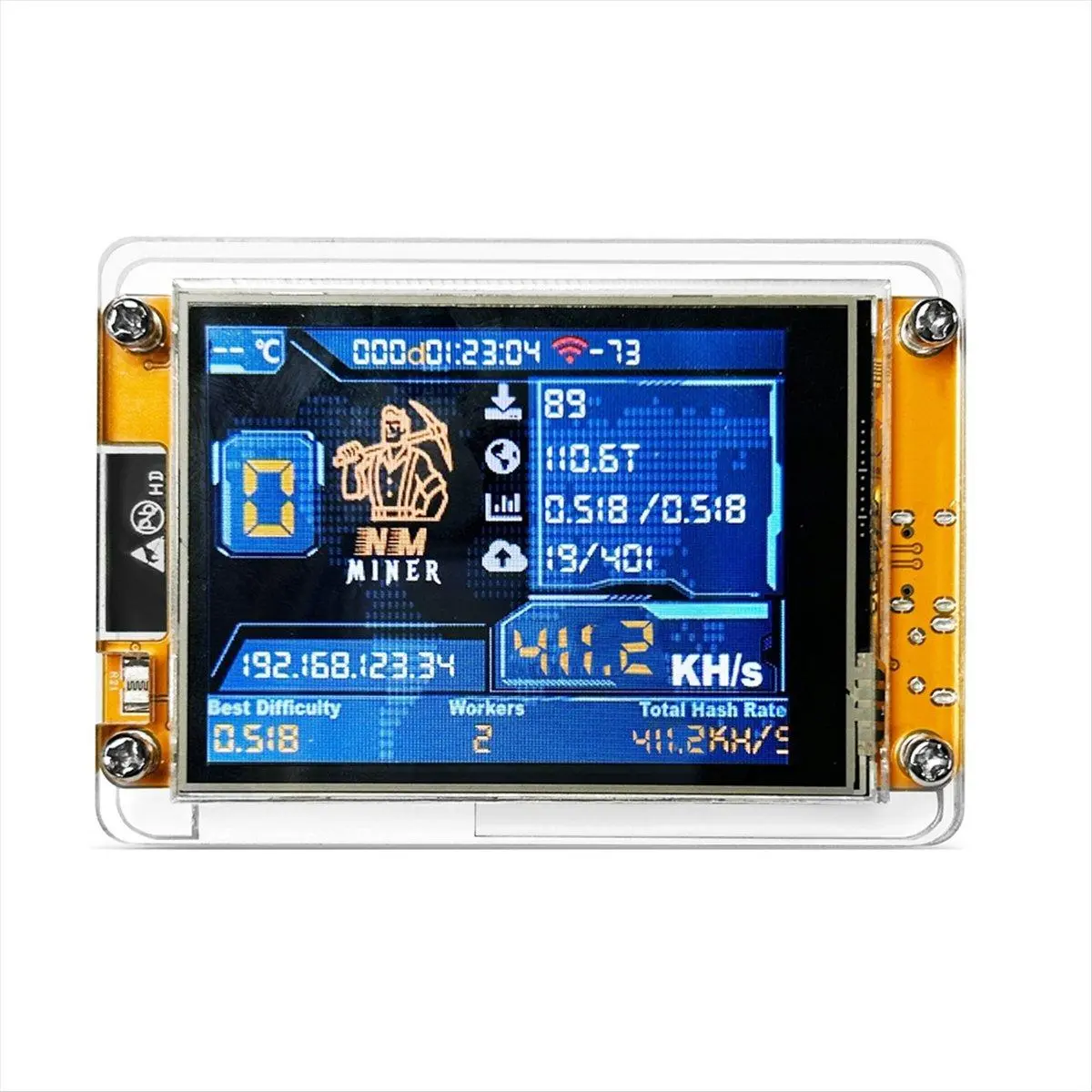 NMMiner NerdMiner V2 Crypto Mining Single Unit - 411KH/S Hashrate, ESP32 Chip, ESP32 Board, 2.8 Inch Digital Screen BTC Solo Lottery Miner (Home Use, Festive Party Bag Gift Accessory)