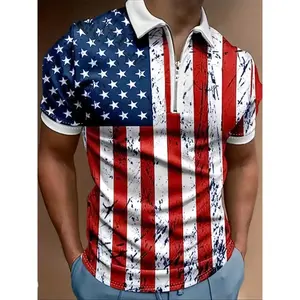 Men's regular fit flag print half zip patriotic lapel shirt, breathable casual short sleeved collar top, suitable for daily outdoor wear, fashionable men's July 4th streetwear, suitable for all seasons, men's wear, comfortable fabricRAIMENTRY