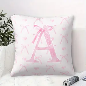 Personalized Initial A-Z Throw Pillow, Pink Bow & Heart Print Cushion, Coquette Girly Accent Pillow, Includes Pillow Core, Soft Decorative Pillow for Couch Bed Sofa Bedroom Living Room Gift for Girls Teens
