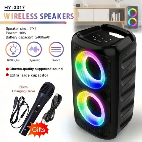 Portable Wireless Speaker with Microphone, Rechargeable Wireless BT Speaker with LED Light, TWS Stereo Sound Box for Home Party, USB, Wireless Audio Speaker
