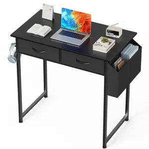 32 Inch Small Desk with Fabric Drawers & Storage Bag Iron Hook, Computer Desk,White Vanity Desk with Storage for Bedroom
