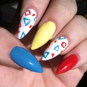 Colorful Abstract Press On Nails, Retro Geometric Shapes, Bright Red Blue Yellow Nail Set, Handmade Reusable False Nails