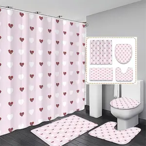 Creative Light Background Bath Curtain Set with Large Heart Pattern, Includes Toilet Lid Cover, Bath Mat & 12 Hooks, Modern Bathroom Accessories Ideal as Christmas Gifts, Shower Curtain Set