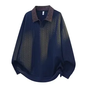 Men's contrasting color twisted knitted polo shirt, retro lapel loose sweater, casual lazy wind jumper, comfortable and soft for spring and autumn wear, school season, Valentine's Day gift