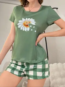 Women's Casual Chic Loungewear Two-Piece Pajama Set: Short-Sleeve Crew Neck Top & Elastic Waist Shorts with Sunflower Print Floral Pyjamas Pjs Nightwear Lounge Set Casual Home Loungewear