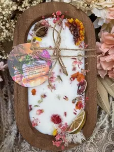 Spa Dough Bowl & Crystals Soy Candle, Wooden Dough Bowl, Soy Wax, Bridal Gift, Intensions Candle Valentines Day Large 8.5"