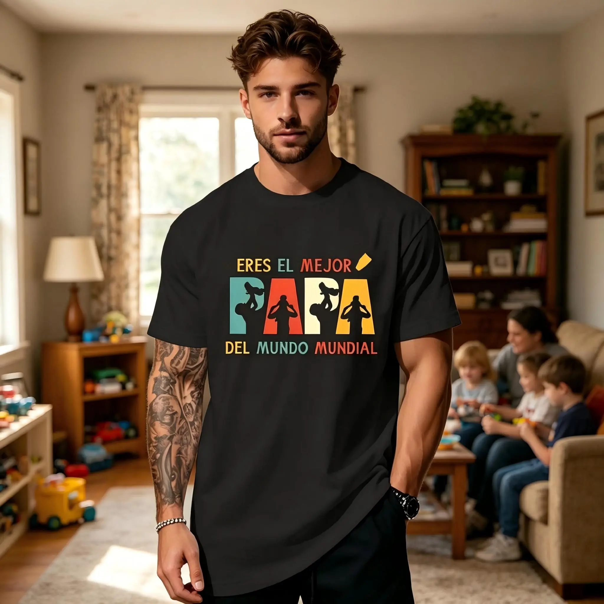 Men's 100% Cotton Stylish Graphic Print Short-Sleeve T-Shirt - 'Eres El Mejor Papa' Quote, Casual Round Neck Menswear Tops, Black Streetwear Fabric Tee