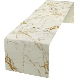 White Golden Marble, Gold Crack Texture Luxury Minimalist Print Pattern Table, Cotton Tablerunner for Dinning Room,, Living Room, 13x60in