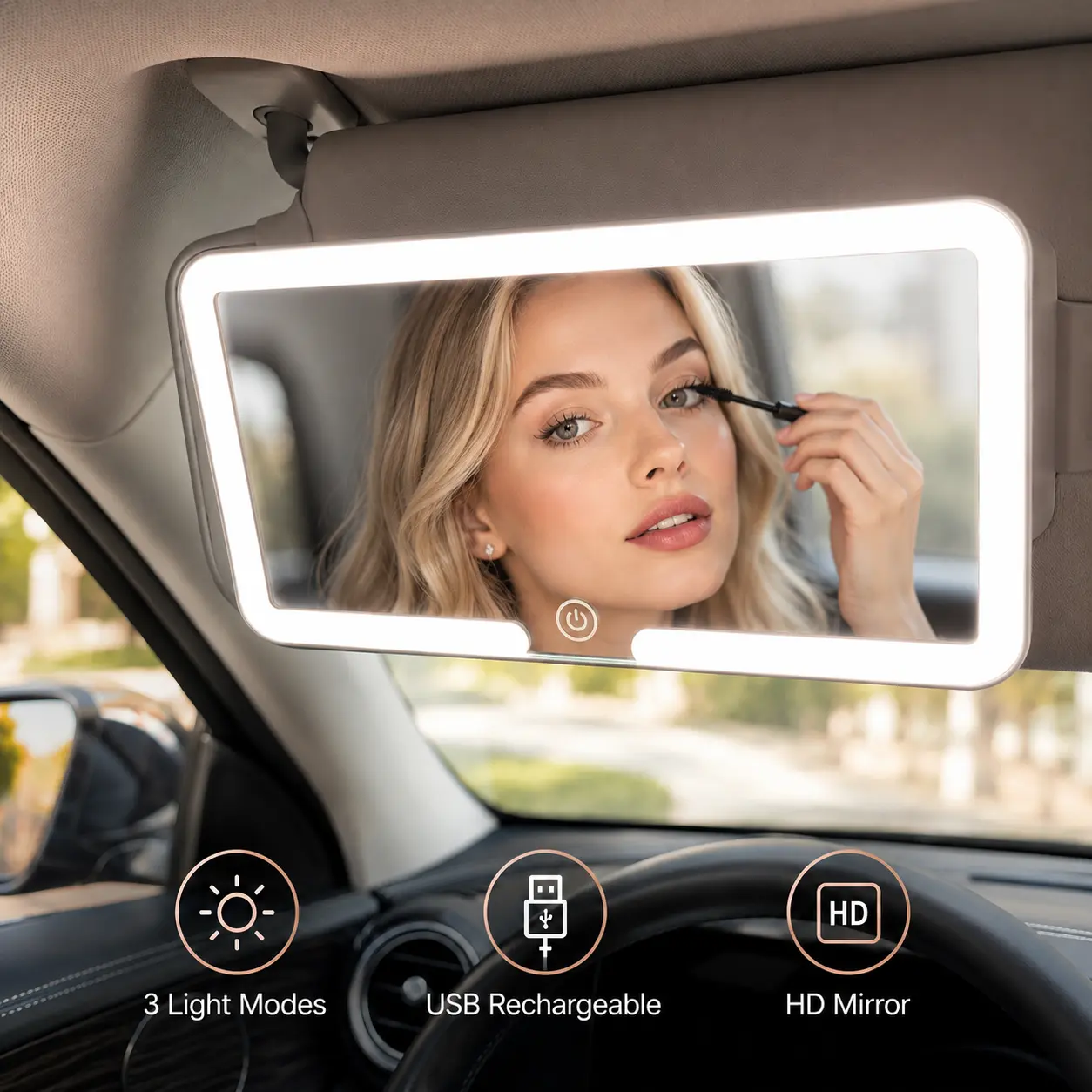 【Summervibes】Car Sun Visor Makeup Mirror, USB Rechargeable 3 LED Lights Vanity Mirror, Durable HD Clear Car Interior Accessories Usb Car Camera Gift for Girlfriend