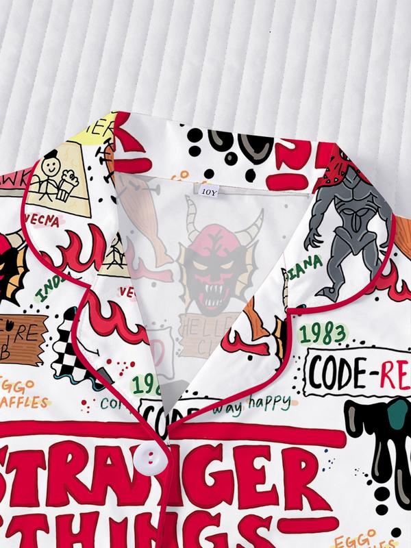 Stranger Things Kids Pajama Set, Cartoon Print Short Sleeves & Loose Fit Shorts, Casual Home Wear for Boys Girls