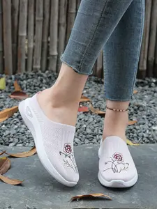 Women's Embroidered Half Slipper Shoes, Breathable Mesh Comfort Sneakers, Soft Sole Anti-Slip Casual Slippers for All Seasons