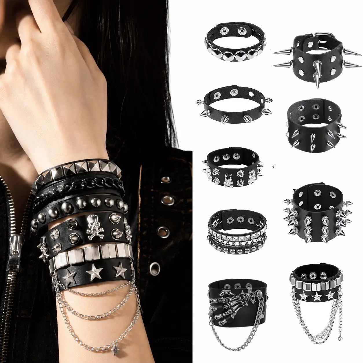 9Pcs Punk Studded Bracelet Goth Bracelet Leather Rivets Spike Bracelets Cuff Adjustable Metal Wristband Gothic Accessories - Home Improvement., Adjustable Bangle, Cuff Bracelet Set, Role Play