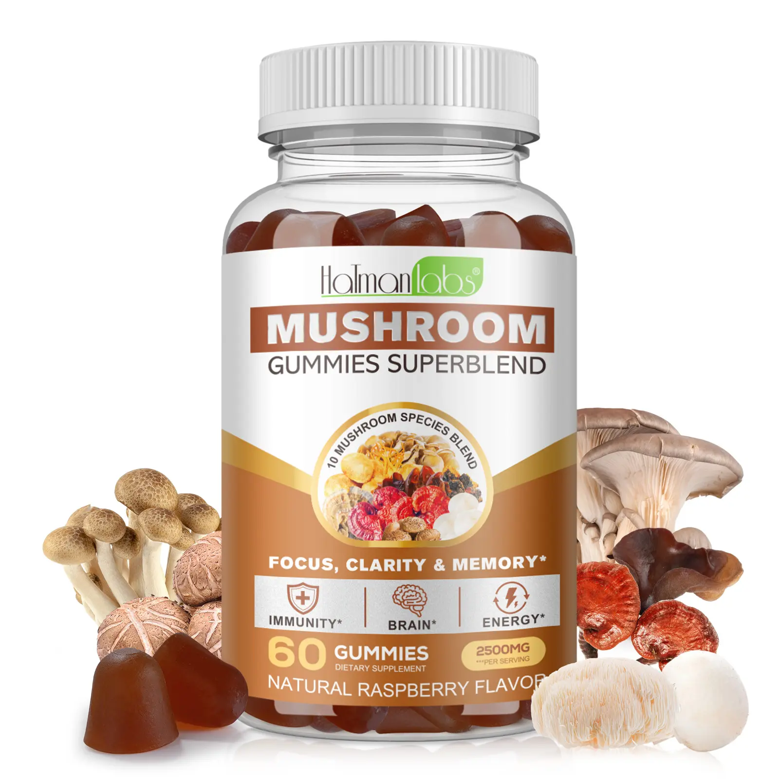 Hatmanlabs 60 Chews Mushroom Complex, 2500mg Super Mushroom Gummies(60pcs)