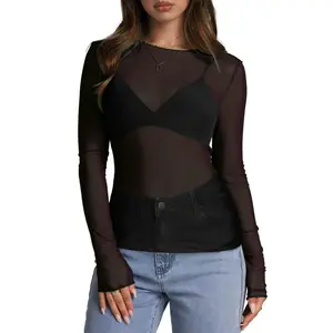Europe And The United States Ladies Solid Color Sexy Ultra-Thin Mesh Stretch Tight Long Sleeve Top Semi-Transparent Bottoming Shirt