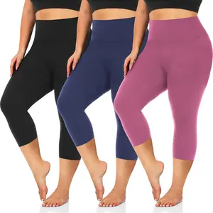 3 Pack Women's Plus Size Capri Leggings High Waist Tummy Control, Stretchy Yoga Workout Pants (XL-4X) - Spandex Elastic Fit