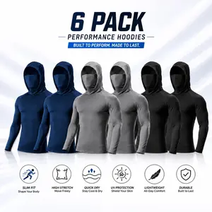 Men's 6-Pack 3-in-1 Sun Protection Hooded Shirts with Built-in Face Mask, UPF50+ Quick Dry Moisture Wicking, Elastic Slim Fit, Windproof UV Resistant, Reinforced Stitching, for Fishing, Construction Work, Hiking and Outdoor Sports