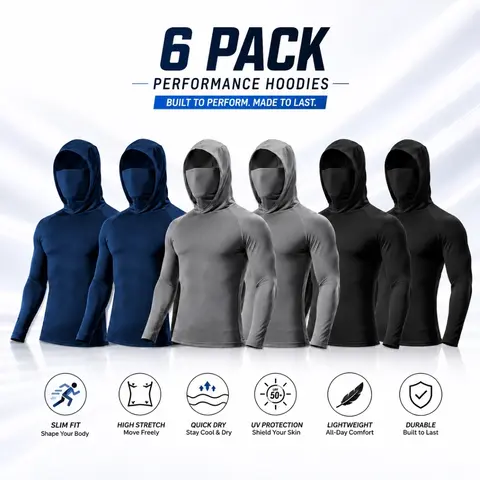 Men’s 6-Pack UPF 50+ Sun Protection Hoodies with Built-In Face Masks, Lightweight Quick-Dry Cooling Long-Sleeve Fishing Shirts, Breathable Moisture-Wicking Stretch Activewear for Hiking, Running, Boating, Construction, Landscaping & Outdoor Work