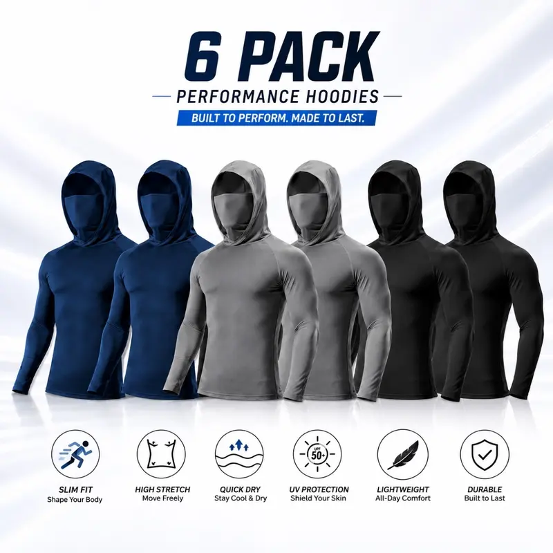 Men’s 6-Pack UPF 50+ Sun Protection Hoodies with Built-In Face Masks, Lightweight Quick-Dry Cooling Long-Sleeve Fishing Shirts, Breathable Moisture-Wicking Stretch Activewear for Hiking, Running, Boating, Construction, Landscaping & Outdoor Work