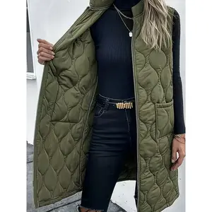 Chic Plus Size Sleeveless Vest - Casual Zip-Up, Warm Puffer Jacket for Women, Solid Color with Stand Collar Fitted Womenswear
