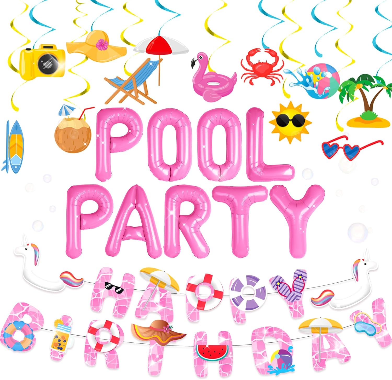 LaVenty Summer Pool Beach Party Decoration, Pink Pool Party Balloon, Summer Birthday Bash Party Decorations Tropical Balloons Banner for girls Swimming Water Luau Tropical Hawaii Party Decoration Supplies