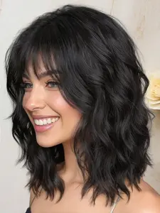 Black Wigs for Women Short Wavy Curly Bob Wig with Bangs Shoulder Length 14 Inches Synthetic Hair for Daily Party Use Loose Wave Wigs Deep Wavy Wigs