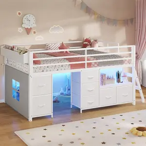 Sikaic Low Loft Bed Twin Size with 7 Storage Drawers, Bookcase and LED Lights, Metal Kids Loft Bed with 14" H Safety Guardrail, Inclined Ladder and Play Curtain, Under-Bed Play Space