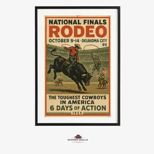 [SALE OFF 40% + FREE SHIP] [Unframed] Vintage Rodeo Poster, National Finals Cowboy Wall Art, Rustic Western Print, 1955 Oklahoma City Decor, Retro Bull Riding Illustration (No Frame)