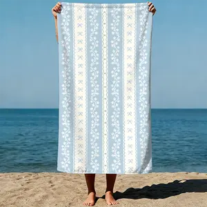 Vertical stripes with floral vines and bows, delicate pastel hues, soft watercolor art style. Sand-Free Beach Towel | Ultra-Light Microfiber | Quick-Dry, Compact for Travel