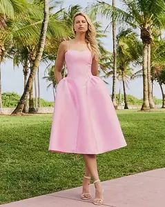 Satin Sweetheart Basque Waist Midi Fit and Flare Dress with Pockets pink lady
