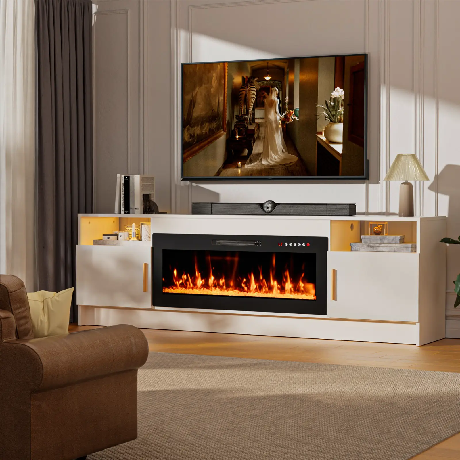 【Transport in two parcels】Fireplace TV Stand Entertainment Center with 36" Fireplace, 70" Wooden TV Stand for TVs Up to 80",led light and outlet，Media