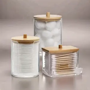 3Pcs Bathroom Organizer Accessories Set 10 OZ,7 OZ Qtips Holder Storage with Clear Plastic Lids, Swabs Dispenser, Apothecary Container Jar, Bathroom Organizer Supplies, Bathroom Essentials Accessories