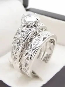 2 Pcs/Set Classical Cubic Zirconia Rings Set For Women For Wedding Engagement Anniversary Party Band Jewelry Valentine's Day Gift Bridal Ring Sets