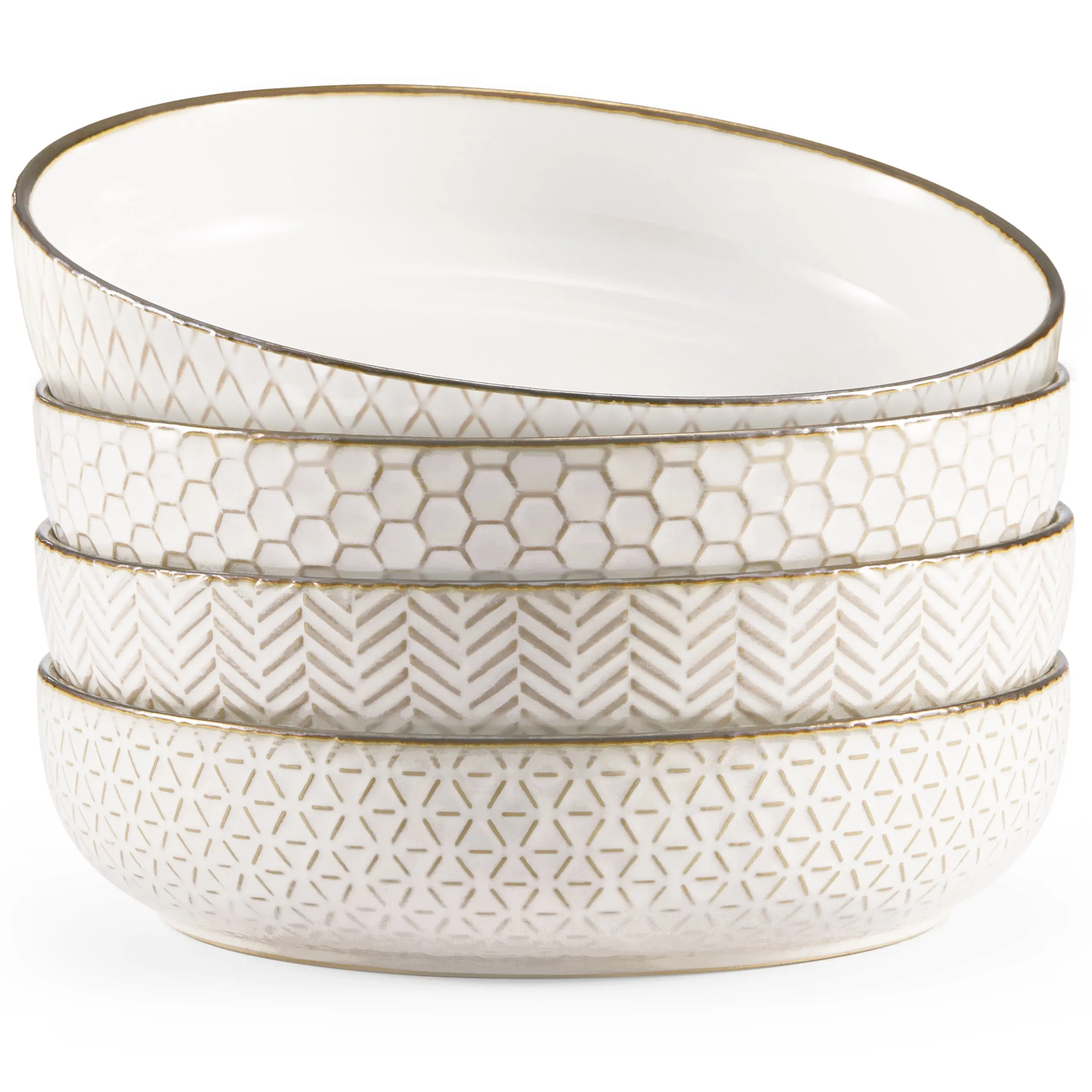KOOK Narbonne Collection Glossy Ceramic Pasta Bowls - 40 oz, Set of 4, Cream/Copper, Durable Kitchenware Ceramic Dish Tableware for Plating Saucy Pastas