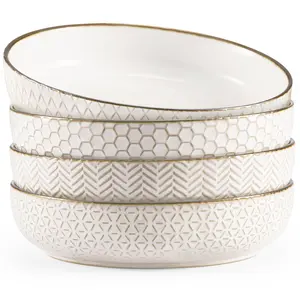 Ceramic Pasta Bowls, 40 oz, Set of 4, Cream/Copper, Narbonne Collection