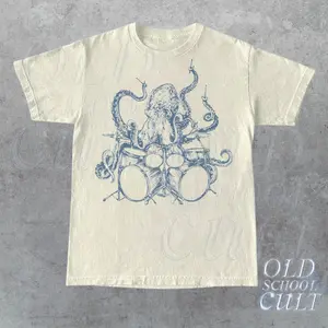 Personalized Octopus Playing Drums Retro Tshirt, Octopus Vintage Tattoo Style Shirt, Unisex Funny Tshirt, 90s Graphic Tshirt, Octopus Drummer Music Gift, Playing Drumms Merch Tshirt, Tshirt, Sweatshirt for Women, Gift for Her, Gift for Him 4656