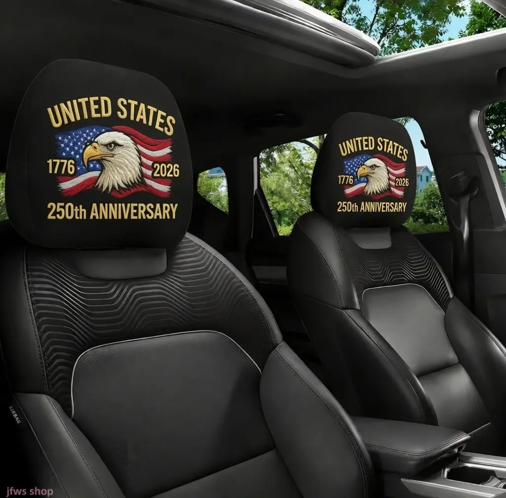 2 Pack 2026 New Double-Sided Printed 250th Anniversary Car Headrest Cover United States Eagle American Flag Patriotic Design Elastic Universal Fit Auto Interior Accessory for Men Women Daily Driving Hot Trendy Fashion