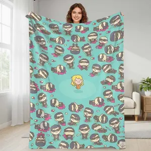 Chibi Warrior Pattern Flannel Blanket  Cartoon Attackers Print  Ultra Soft & Cozy  Lightweight & Breathable  Durable Plush Throw  Perfect for Living Room  Bedroom  Sofa  Travel  Gift for Her summerwins