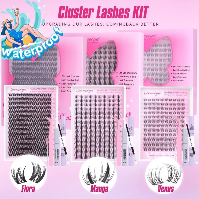 Geeneiya Lashes Waterproof DIY Lash Extension Kit, 8-18MM Wispy Lash Clusters Kit, Ultra-thin Soft Band Eyelash Extension Kit with Waterproof Lash Bon