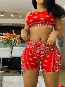 Women's Paisley Print Crop Cami Top & High Waist Shorts Set, Summer Clothes Women Boho Sleeveless Spaghetti Strap Cropped Top & Shorts for Beach Vacation Elastic Shorts Set