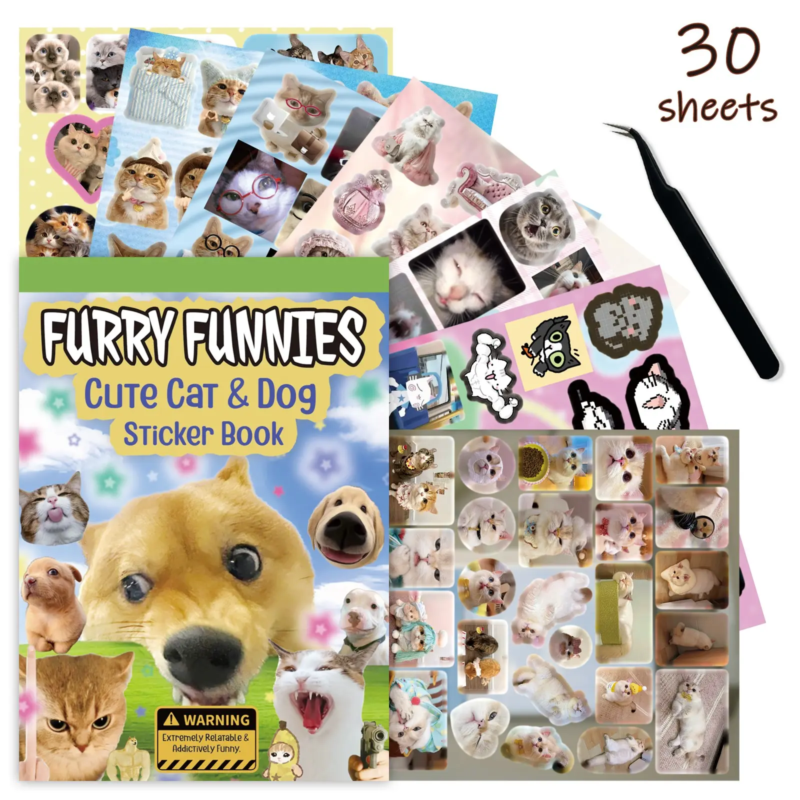 Random Cat/Dog Sticker Book, 30 Pages Sticker Sheets Cute Cartoon Animals, Decorative DIY Handbook Calendar Greeting Card Diary Notebook Album Material, Fun Stickers, Decorative Stickers, Sticker Packs, Sticker Set