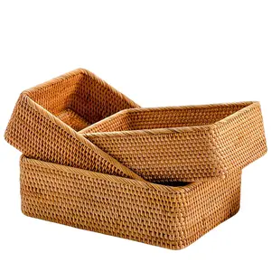 3 Pack Natural Rattan Storage Baskets, Rectangular Woven Fruit Baskets for Decor, Handmade Woven Nesting Bread Baskets for Organizing, Serving, for Kitchen, Home, 3 Sizes