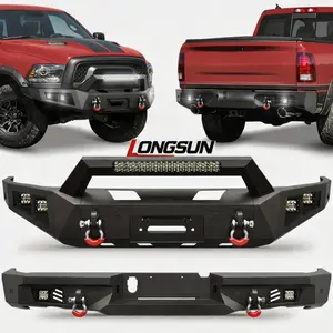 Longsun Ram 1500 Rebel Bumper Combo for 2015-2018 Ram 1500 Rebel Pickup Trucks, Bumpers w/Winch Plate, LED Lights, D-rings and License Plate Bracket fck bars Front Rear drings