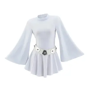 Women‘s Princess Leia Cosplay Costume White Ball Gown with Belt Full Set Halloween Suit