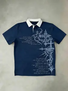 Gothic Cross & Spine Graphic Polo Shirt | Contrast White Collar | Double-Sided "BRAVERY" & Ornate Cross Print | Edgy Streetwear for Men & Women | Retro Y2K Goth Aesthetic Tops in Black/Navy