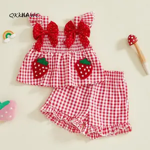 Toddler Baby Girl Summer Outfit Strawberry Embroidered Plaid Bows Ruffled Trim Tank Tops and Shorts 2 Pcs Set