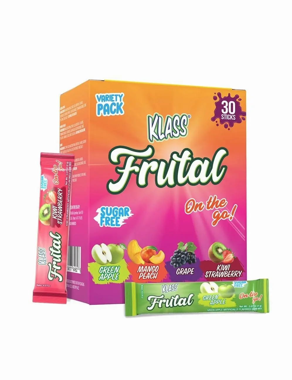 Klass Frutal Powdered Drink Mix Variety Pack: Green Apple, Mango Peach, Grape, and Kiwi Strawberry (30 Stick Packs) - Frutal On-The-Go!