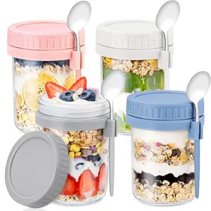 4 Pack Overnight Oats Containers with Lids and Spoons - 16 Oz Glass Mason Jars for Overnight Oats Leak Proof Oatmeal Container Great for Cereal Fruit Vegetable Milk Salad Yogurt Meal Prep