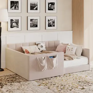 Full Size Floor Bed Frame for Kids Daybed Velvet Upholstered Sofa Bed with High Side Panels and Side Entrance, Space-Saving Guest Bed with Storage Pockets, No Box Spring Needed,Pink