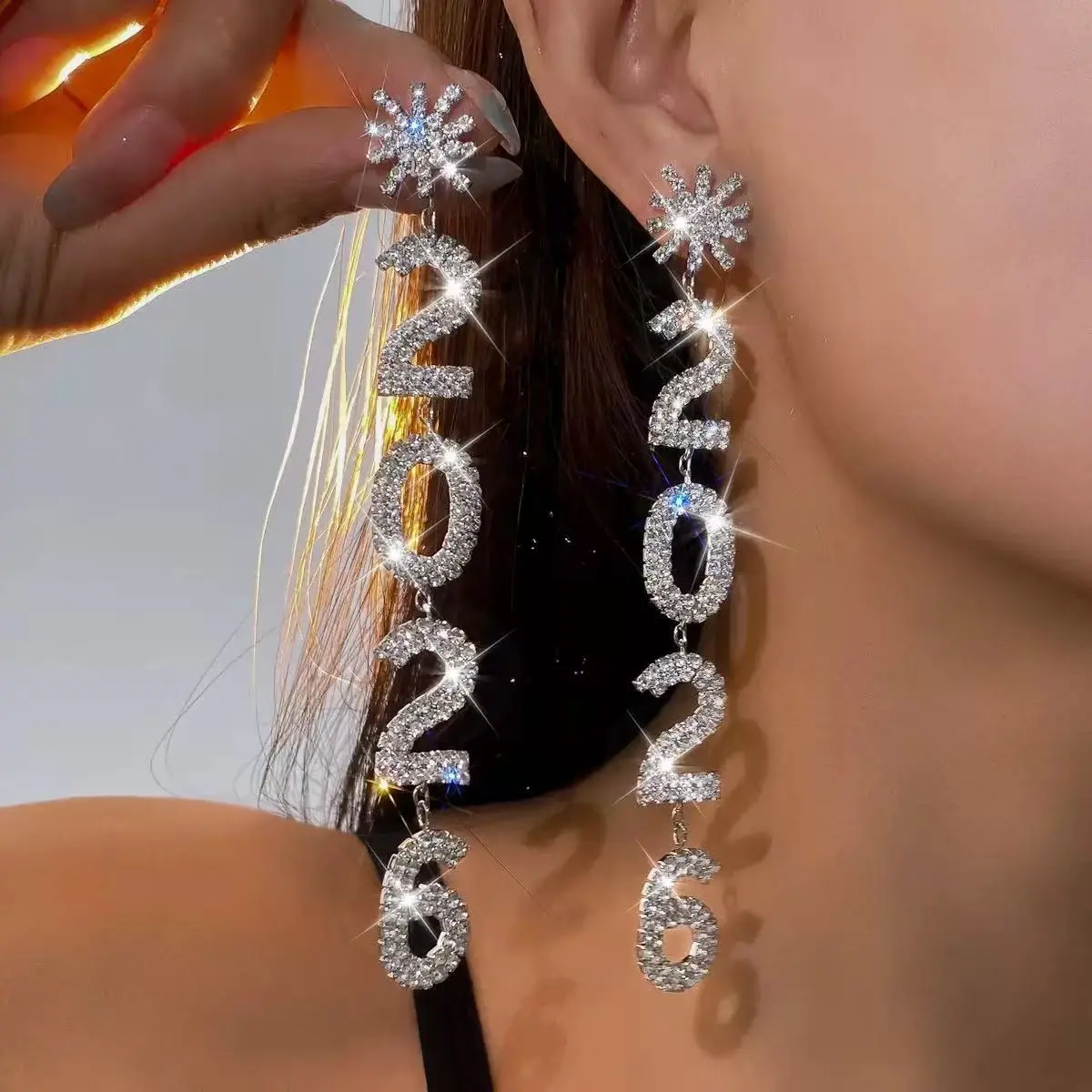Elegant Rhinestone 2026 Long Drop Dangling Earrings, Zinc Alloy with Alloy Ear Needle, Bling Effect for Instant Glam for New Year’s Nights, Birthday Occasions, Long Drop Drama, Unisex, Thoughtful Party Gift, Rhinestone Accents, Anniversary