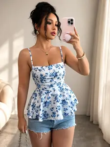 Women's Summer Blue Floral Ruffle Strapless Top, Vintage Porcelain Print Thin Straps Sleeveless Shirt, Casual Elegant Feminine Style Summer, Vacation Wear